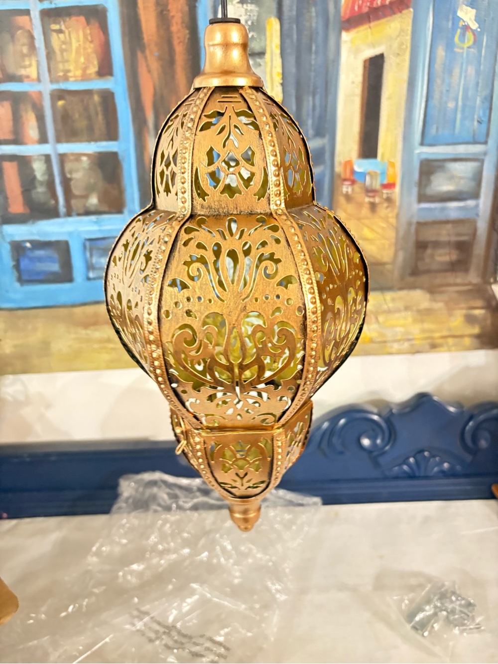 Metal Moroccan style solar hanging light with coastal blue interior light NIB